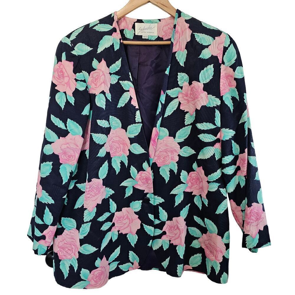 Vintage Schrader Blazer Womens Size 18W Blue Rose 80s Floral Preppy Fitted